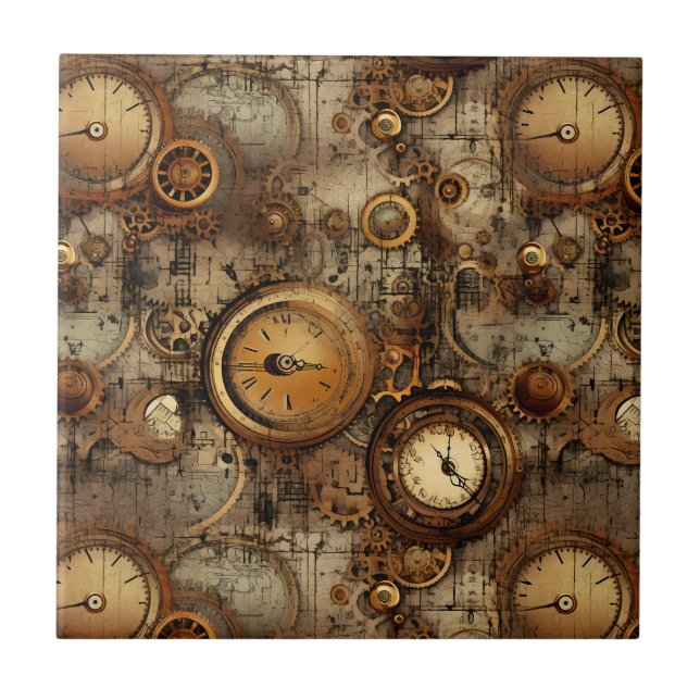 Grunge Rustic Steampunk Clock (3) Ceramic Tile (Front)