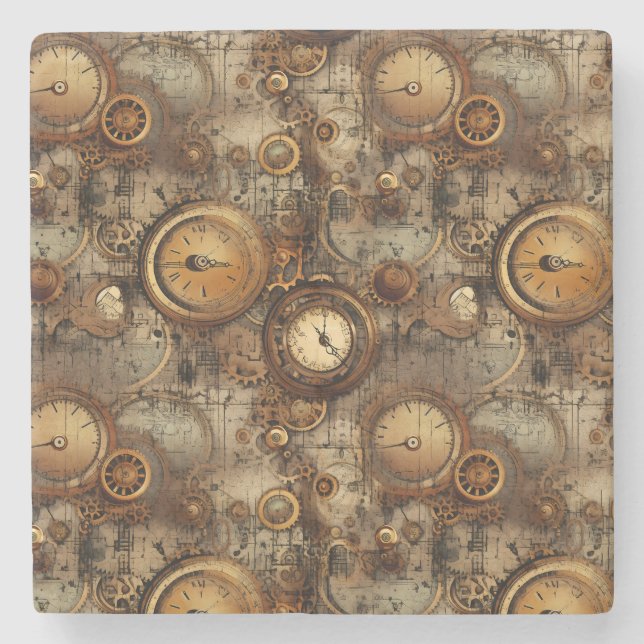 Grunge Rustic Steampunk Clock (3) Stone Coaster (Front)