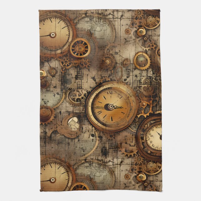 Grunge Rustic Steampunk Clock (3) Tea Towel (Vertical)