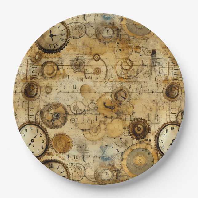 Grunge Rustic Steampunk Clock (5) Paper Plate (Front)