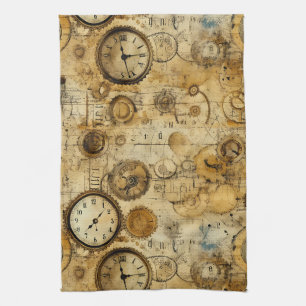 Grunge Rustic Steampunk Clock (5) Tea Towel