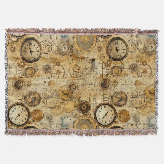 Grunge Rustic Steampunk Clock (5) Throw Blanket (Front)