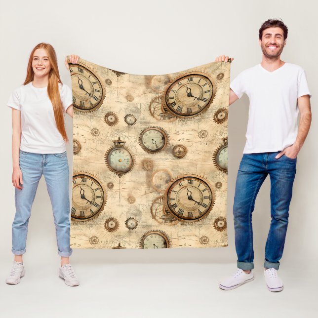 Grunge Rustic Steampunk Clock (6) Fleece Blanket (In Situ)