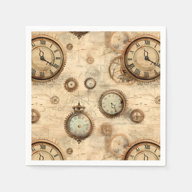 Grunge Rustic Steampunk Clock (6) Napkin (Front)