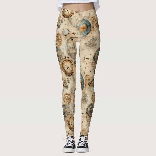 Grunge Rustic Steampunk Clock (7) Leggings (Front)