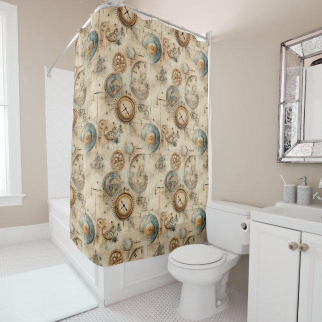 Grunge Rustic Steampunk Clock (7) Shower Curtain (In Situ)