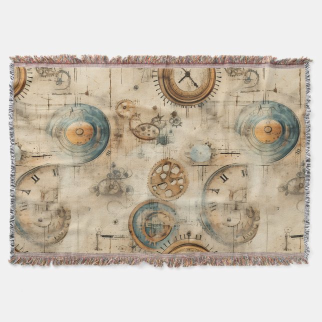 Grunge Rustic Steampunk Clock (7) Throw Blanket (Front)