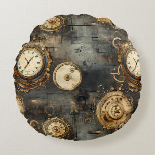 Grunge Rustic Steampunk Clock (8) Round Cushion