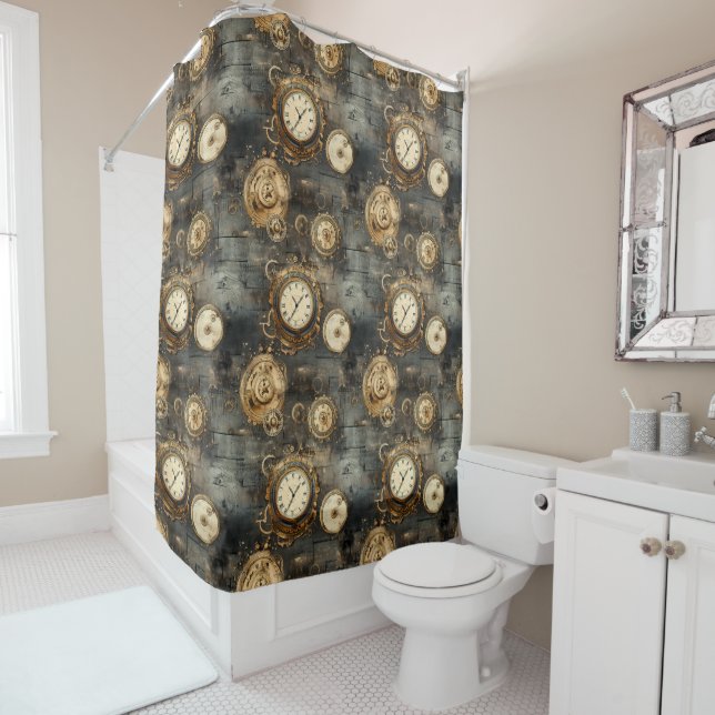 Grunge Rustic Steampunk Clock (8) Shower Curtain (In Situ)
