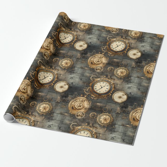 Grunge Rustic Steampunk Clock (8) Wrapping Paper (Unrolled)