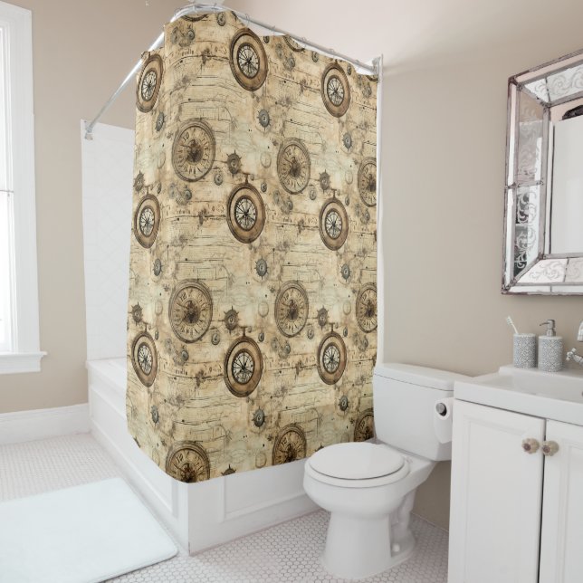 Grunge Rustic Steampunk Clock (9) Shower Curtain (In Situ)