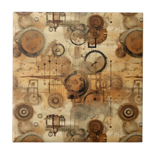 Grunge Rustic Steampunk Clock Ceramic Tile