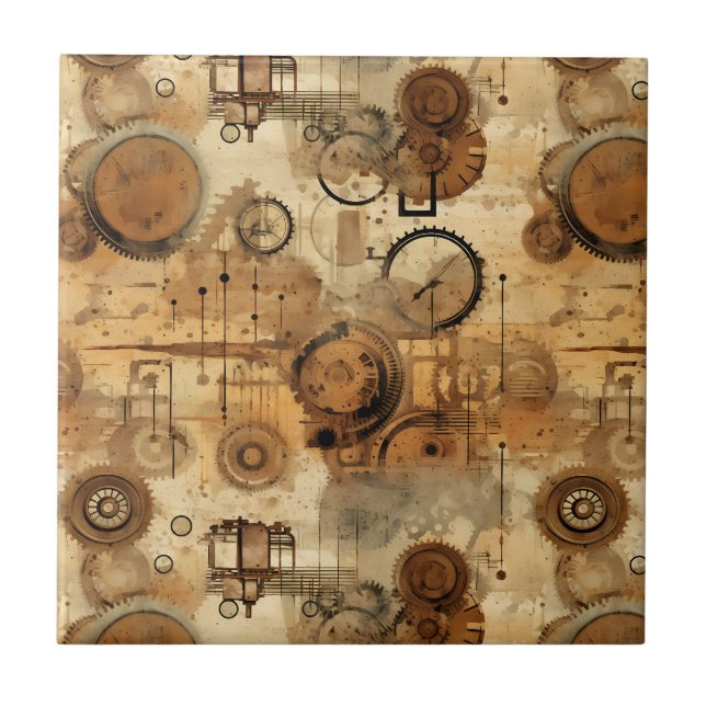 Grunge Rustic Steampunk Clock Ceramic Tile (Front)