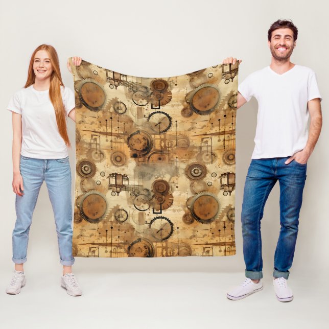 Grunge Rustic Steampunk Clock Fleece Blanket (In Situ)