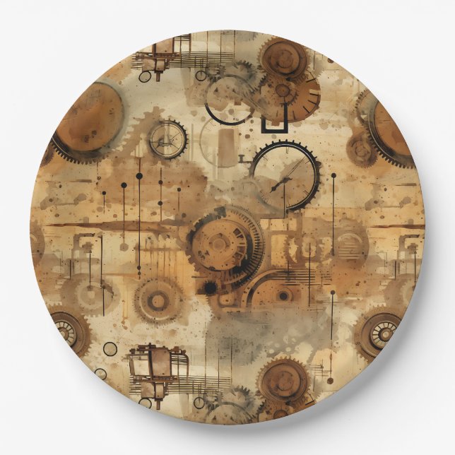 Grunge Rustic Steampunk Clock Paper Plate (Front)