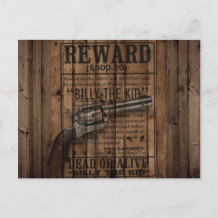 grunge rustic western billy the kid reward gun postcard
