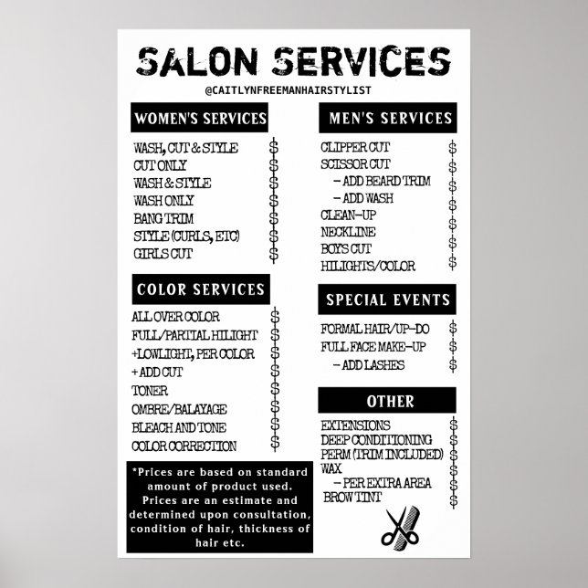 Grunge Salon Menu Poster (Front)