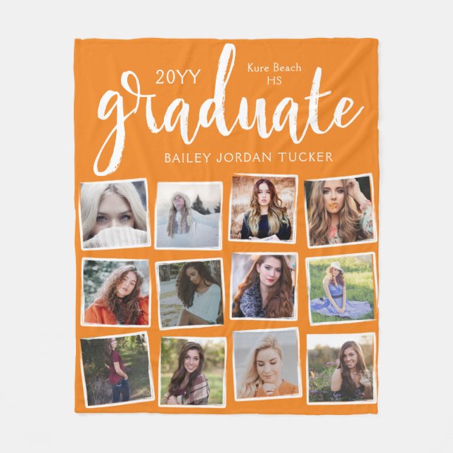 Grunge Script Graduate 12 Photo Collage Orange Fleece Blanket (Front)