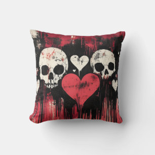 Grunge Skull and Hearts- Bold Red and Black Art Cushion