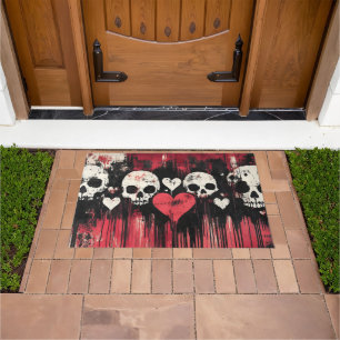 Grunge Skull and Hearts- Bold Red and Black Art Doormat