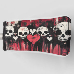 Grunge Skull and Hearts- Bold Red and Black Art Golf Head Cover