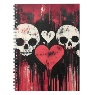 Grunge Skull and Hearts- Bold Red and Black Art Notebook