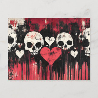 Grunge Skull and Hearts- Bold Red and Black Art Postcard