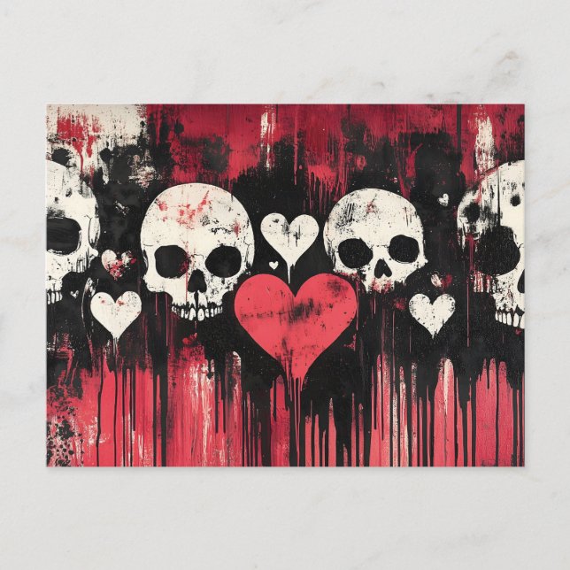 Grunge Skull and Hearts- Bold Red and Black Art Postcard (Front)