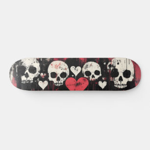 Grunge Skull and Hearts- Bold Red and Black Art Skateboard