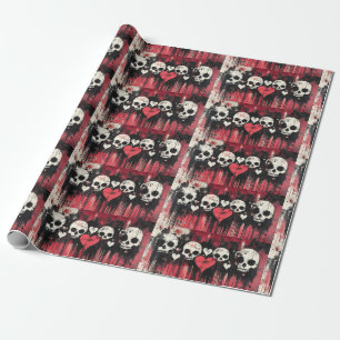 Grunge Skull and Hearts- Bold Red and Black Art Wrapping Paper