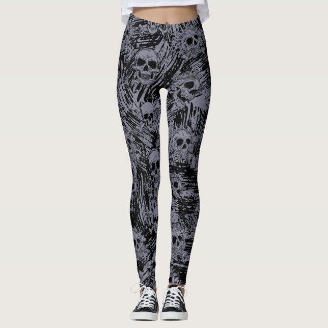 Grunge Skull Bones Pattern Black Grey Halloween Leggings (Front)