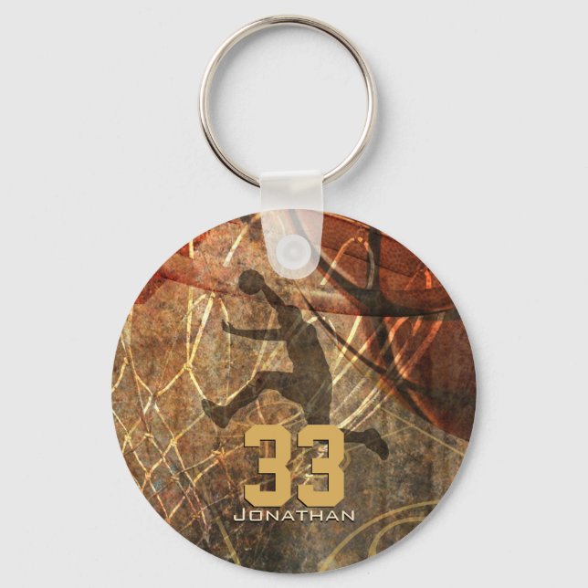 grunge sports mens basketball player personalise key ring (Front)
