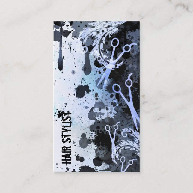 grunge spray paint splatter blue hair stylist business card (Front)