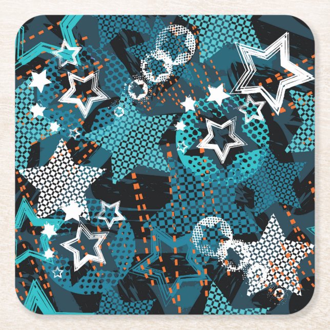 Grunge star pattern, playful children's design. square paper coaster (Front)
