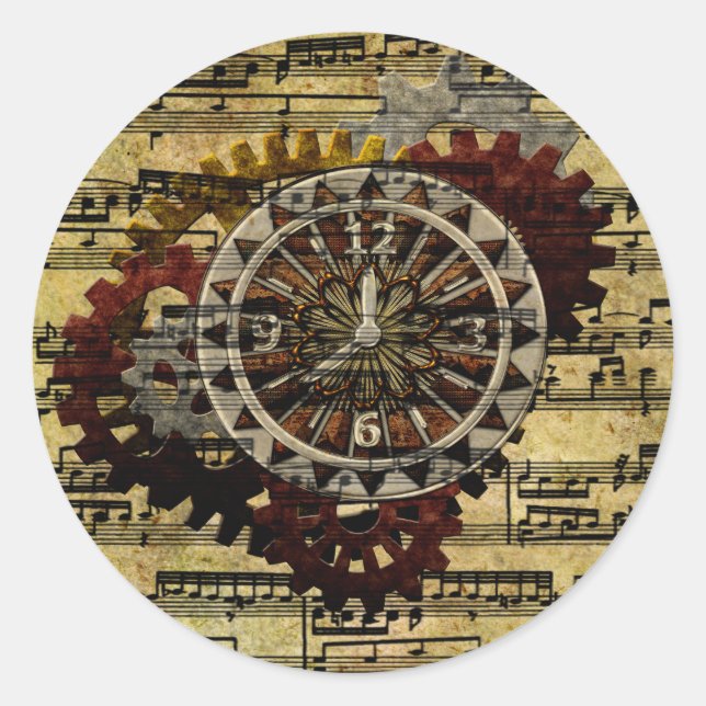 Grunge Steampunk Clocks and Gears Classic Round Sticker (Front)