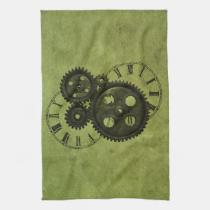 Grunge Steampunk Clocks and Gears Tea Towel