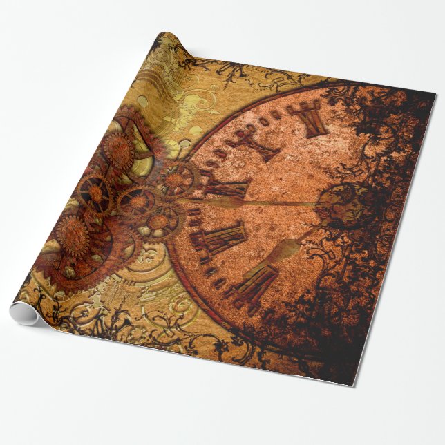Grunge Steampunk Gear and Clock Wrapping Paper (Unrolled)