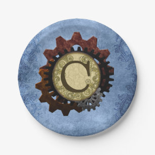 Grunge Steampunk Gears Monogram Letter C Paper Plate