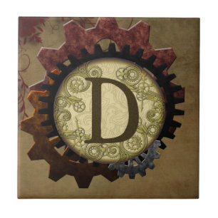 Grunge Steampunk Gears Monogram Letter D Ceramic Tile