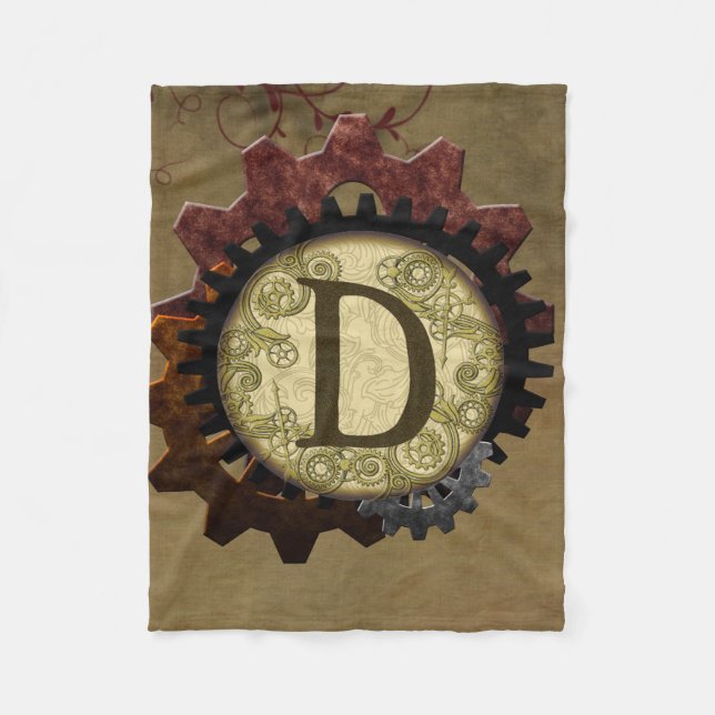 Grunge Steampunk Gears Monogram Letter D Fleece Blanket (Front)
