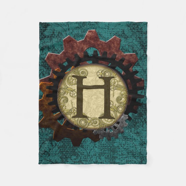 Grunge Steampunk Gears Monogram Letter H Fleece Blanket (Front)