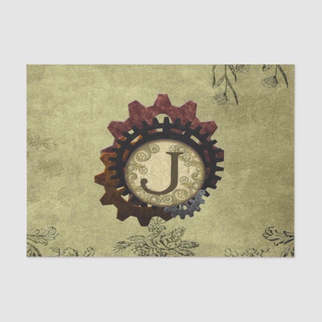 Grunge Steampunk Gears Monogram Letter J Tissue Paper (Front)
