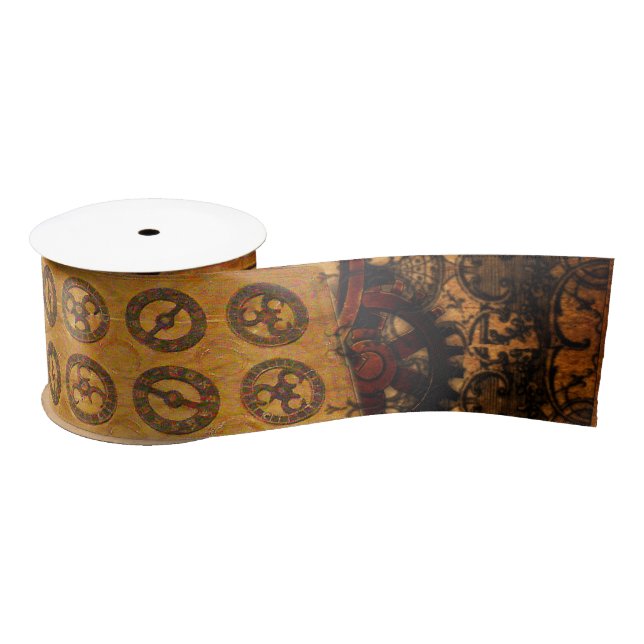 Grunge Steampunk Gears Satin Ribbon (Spool)