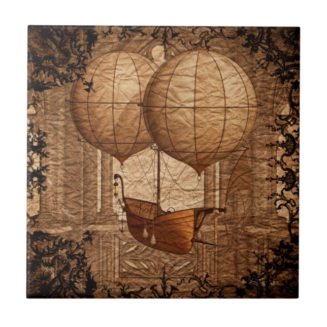 Grunge Steampunk Victorian Airship Ceramic Tile (Front)