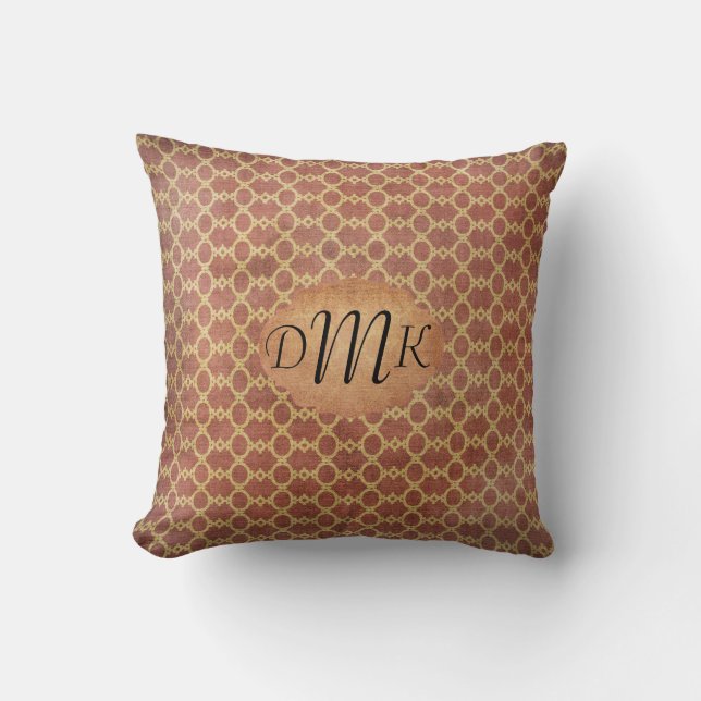 Grunge Style Monogram Throw Pillow Rust / Gold (Front)
