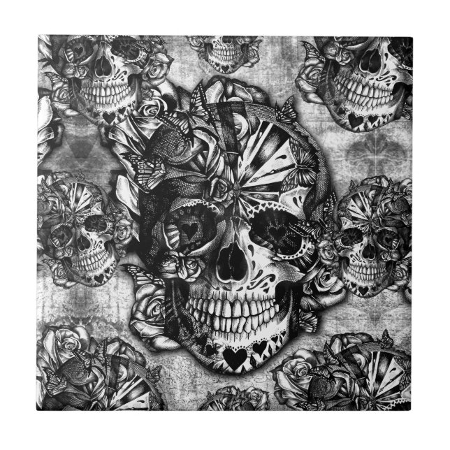 Grunge sugar skull pattern ceramic tile (Front)