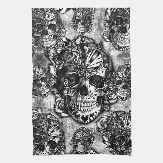 Grunge sugar skull pattern tea towel (Vertical)