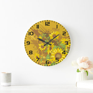 Grunge Sunflower Art Bold Rustic Yellow Floral Large Clock