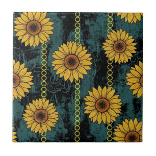 Grunge Sunflower & Chain Stripe Ceramic Tile