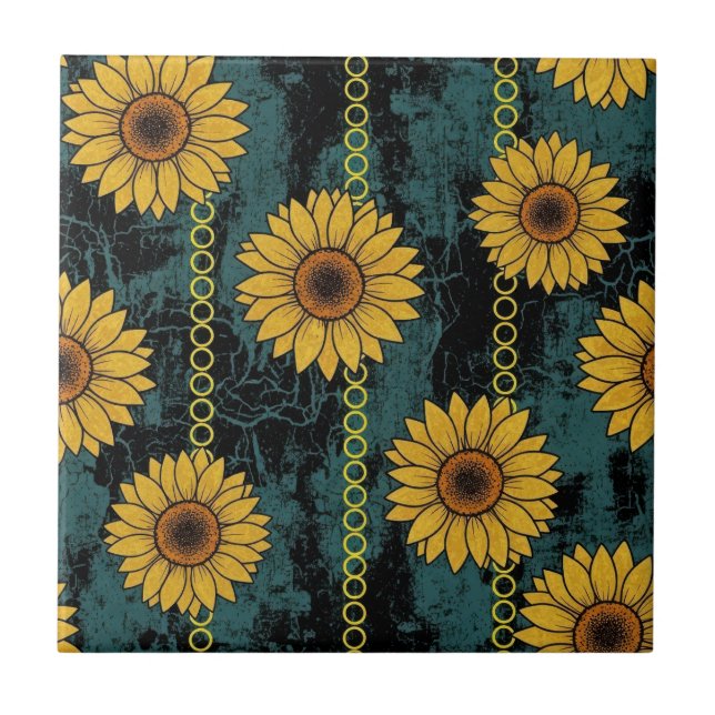 Grunge Sunflower & Chain Stripe Ceramic Tile (Front)